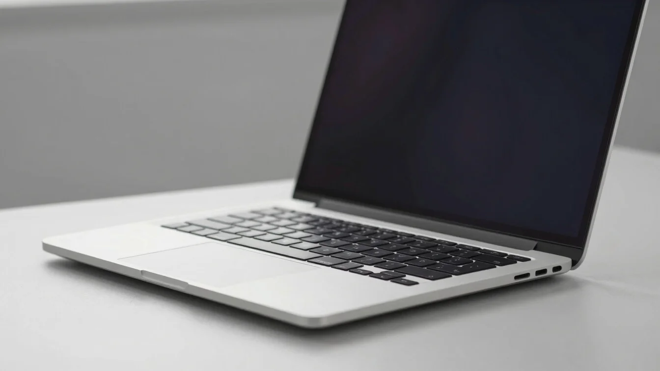 Open slim laptop on a clean desk, keyboard visible, bright natura