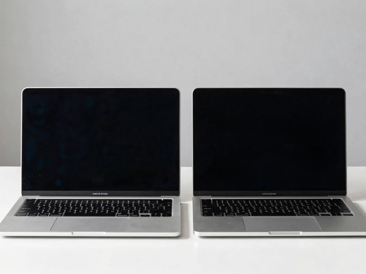 Two open laptops side-by-side on a clean desk, different models,